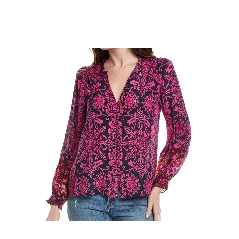 Johnny Was Jade Steffie Silk Floral Print Long Sleeve Blouse in Alixa Sz X-Small